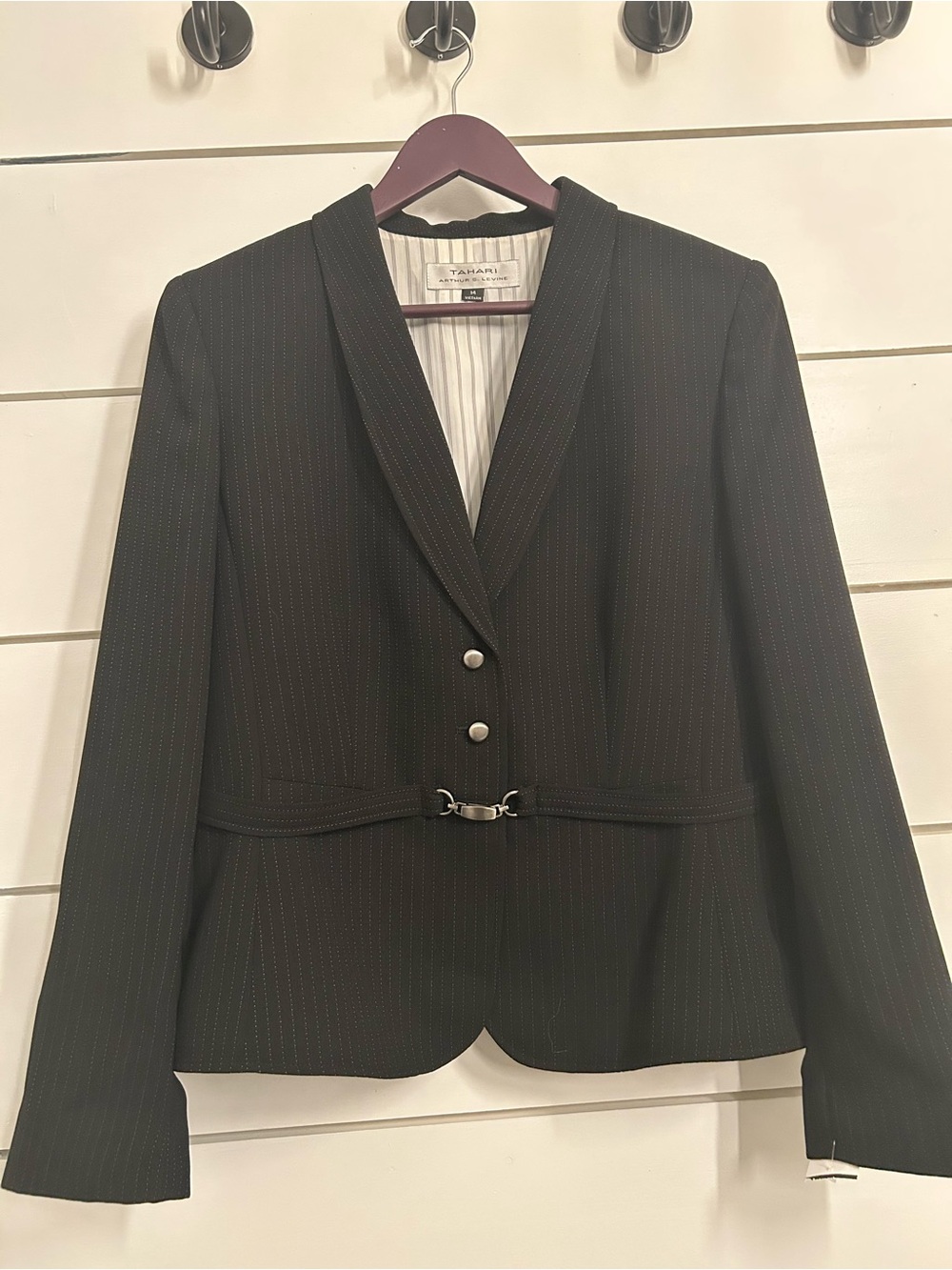 Tahari by Arthur Levine Pinstripe Tailored Blazer. Peplum-style Flare at Hem